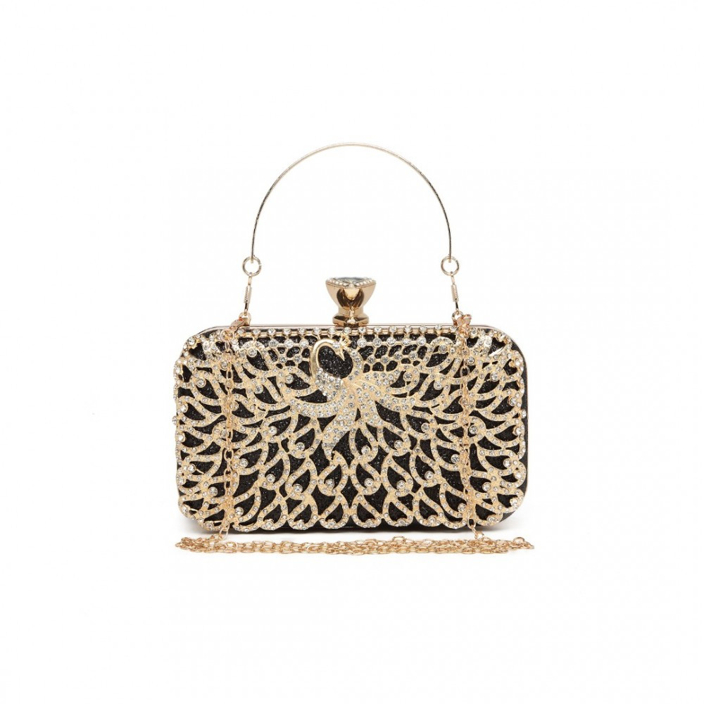 zloto czarna torebka puzderko motyw pawia z cyrkoniami i uchwytem moet